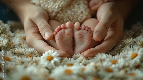 A gentle moment showcasing a parent holding a baby's feet surrounded by a bed of daisies, symbolizing love and tenderness in nature.