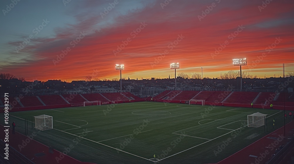Obraz premium A soccer stadium at dusk with a colorful sky in the background.