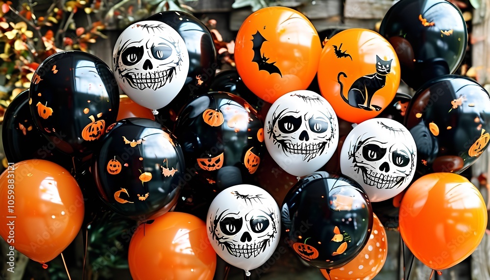 Obraz premium Halloween-themed birthday balloons with black cats, pumpkins, and skeleton patterns for an October birthday