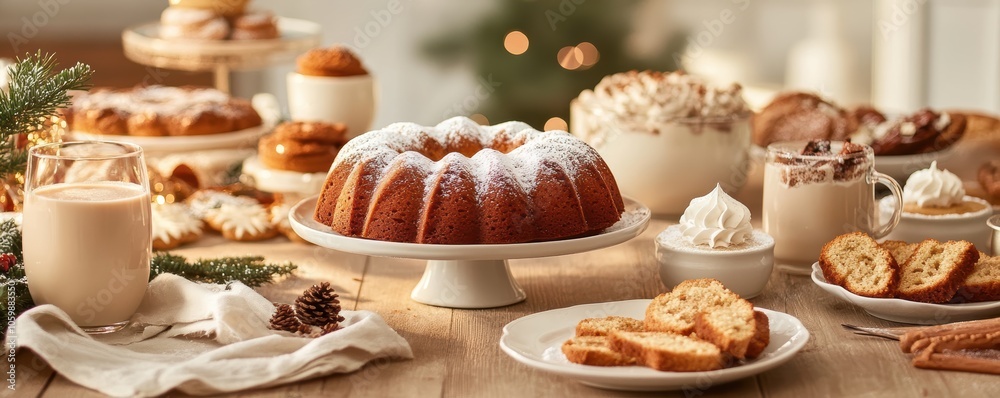 Holiday feast table filled with warm Christmas desserts, including spiced bundt cake, eggnog pudding, and sugar-dusted cookies Holiday feast table filled with warm Christmas desserts, including spiced bundt cake, eggnog pudding, and sugar-dusted cookies