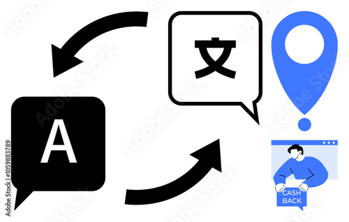 Two speech bubbles with letters indicating translation between languages, a location marker signifying place, and a small figure highlighting cashback offers. Ideal for translation services, travel
