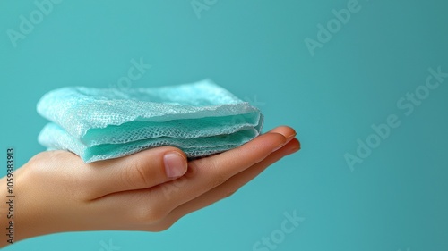 Soft turquoise cleaning cloths stacked on a hand, showcasing texture against a blue background. Ideal for home care and cleaning promotion.