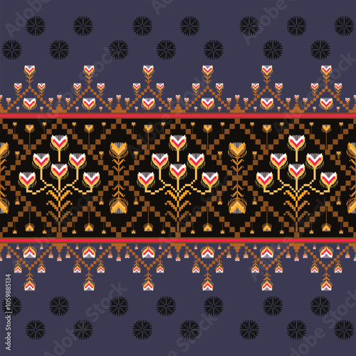 Traditional Floral Pixel Art Pattern Inspired by Ethnic Textiles