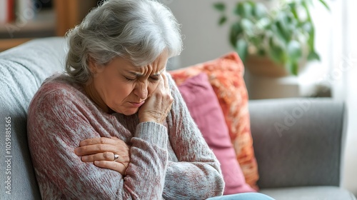 A middle-aged individual sitting on a couch, hunched over and coughing into their elbow, showing symptoms of a respiratory issue in a home environment 