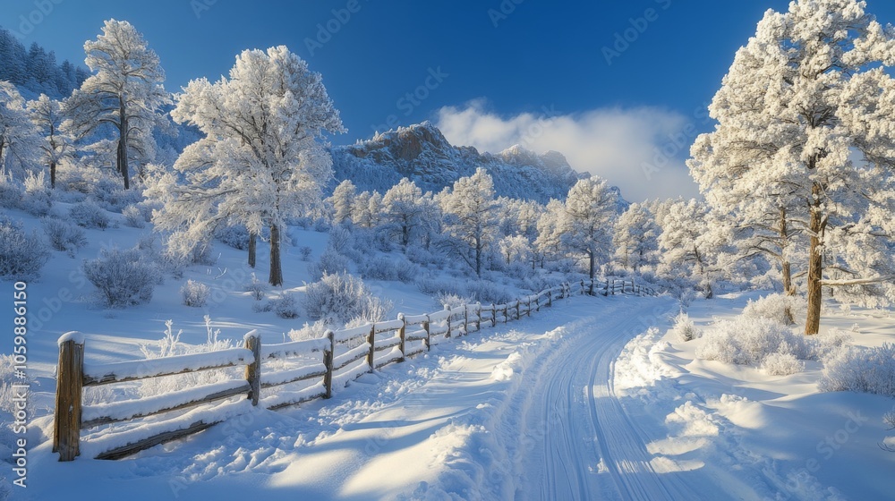 Obraz premium This serene winter landscape features a snowy path surrounded by majestic frosted trees under a bright blue sky. The tranquility of the scene invites exploration.
