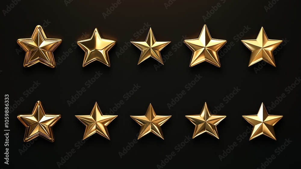 Obraz premium 124.A collection of gold star rating icons, rendered in a highly realistic style, each star showcasing a glossy metallic finish and a smooth, polished surface, perfect for illustrating quality