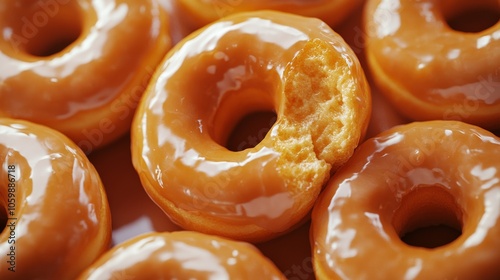 92.A detailed overhead shot featuring a set of donuts in various stages, showcasing their golden texture and glaze, with one donut cut perfectly in half and another displaying a clean bite mark on
