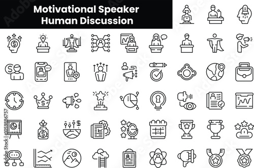 Set of outline motivational speaker human discussion icons