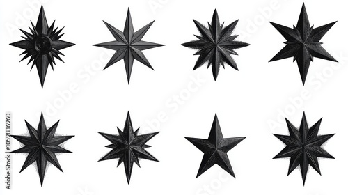 97.A diverse set of black stars, ranging from classic symmetrical shapes to unique starbursts and twinkling stars, displayed in a clean grid with sharp contrasts on a white background.