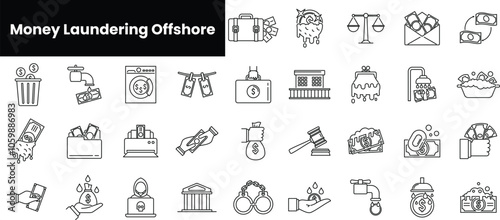 Set of outline money laundering offshore icons