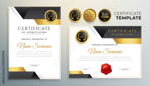 golden certificate of achievement document template in set