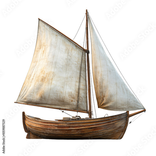 Vintage wooden sailboat with weathered, ivory sails, set against a transparent background. The rustic wood grain and aged fabric create a timeless maritime aesthetic photo