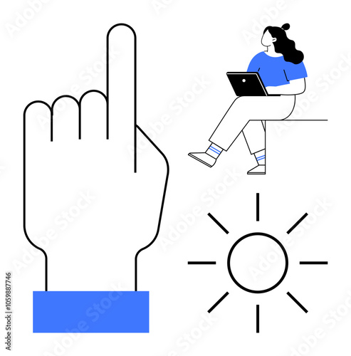 Woman sitting with laptop, large pointing hand gesture, and sun icon. Ideal for digital learning, remote work, tech tutorials, productivity, outdoor activities, guidance, positivity. Line metaphor