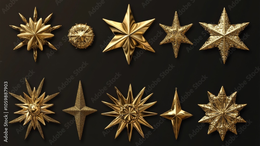 Obraz premium 117.A set of realistic golden Christmas stars in different styles, from glossy five-pointed stars to intricate 3D designs, showcasing the shiny metallic texture and rich gold tones.