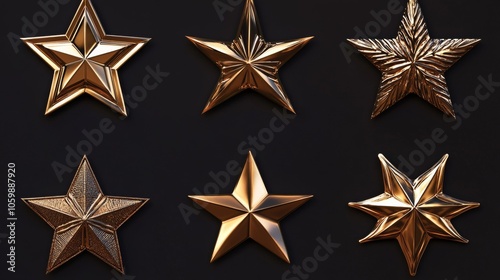 117.A set of realistic golden Christmas stars in different styles, from glossy five-pointed stars to intricate 3D designs, showcasing the shiny metallic texture and rich gold tones.