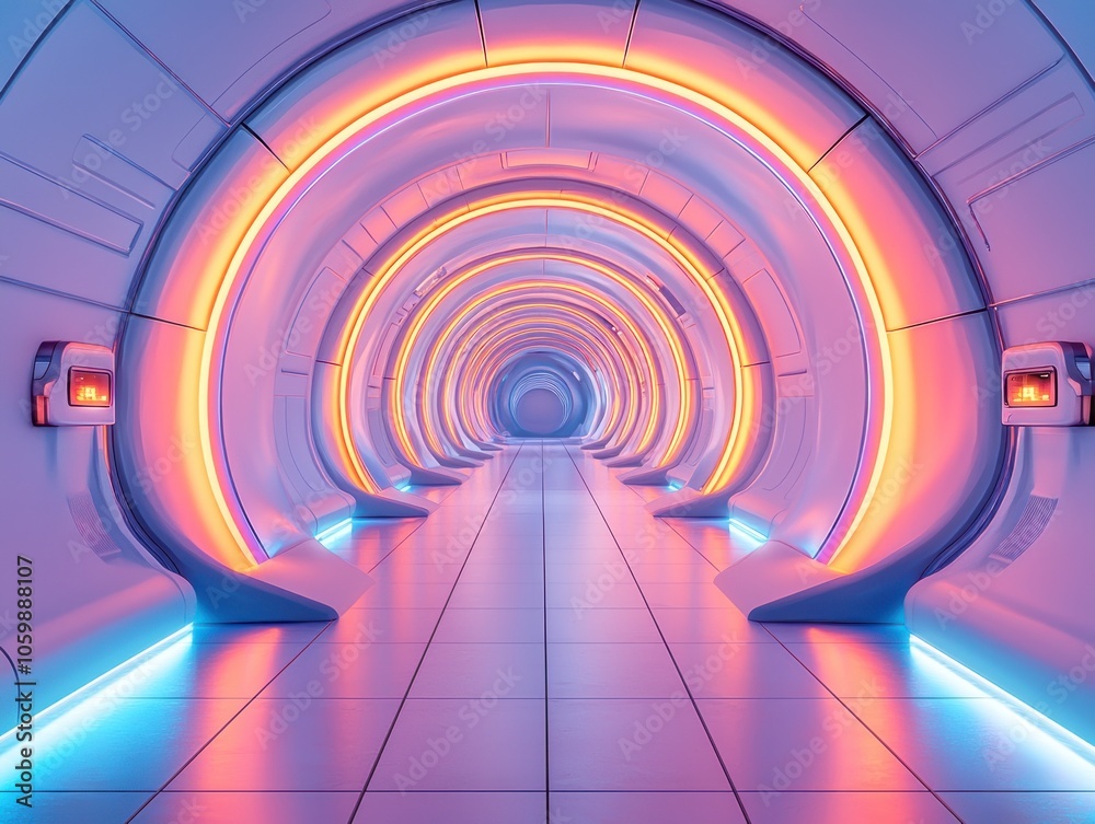 Obraz premium Futuristic Tunnel with Glowing Neon Lights and White Walls