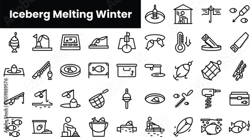 Set of outline ice fishing winter frozen icons