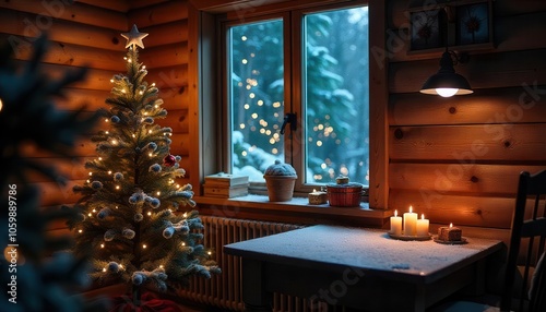 Cozy Interior Cabin with Christmas Tree photo