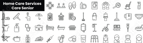 Set of outline home care services care senior icons