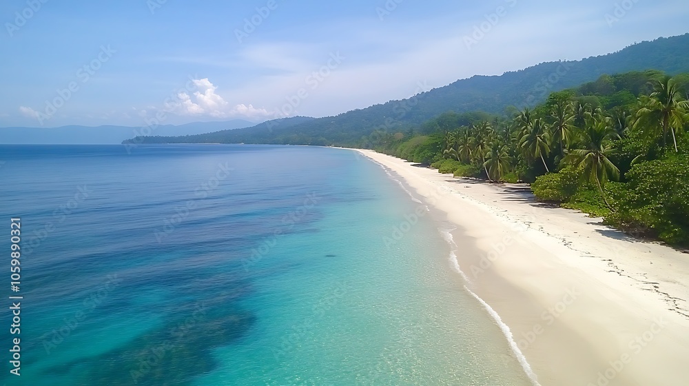 A serene beach landscape with clear waters and lush greenery under a blue sky.