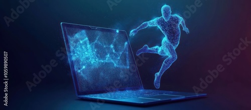 Soccer Player Runs Out of the Laptop Screen. Cyber sport or Sports Betting futuristic concept. Digital Football Player on Mobile Computer
