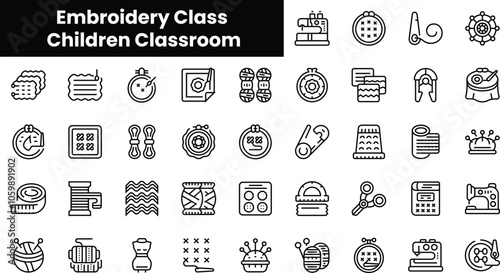 Set of outline embroidery class children classroom icons