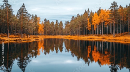 A tranquil autumnal lake surrounded by golden trees with reflections on the still water.