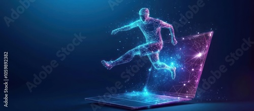 Soccer Player Runs Out of the Laptop Screen. Cyber sport or Sports Betting futuristic concept. Digital Football Player on Mobile Computer photo