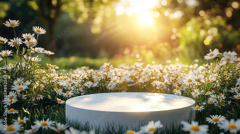 Naklejka premium White Round Pedestal Surrounded by Daisies in a Sunny Field