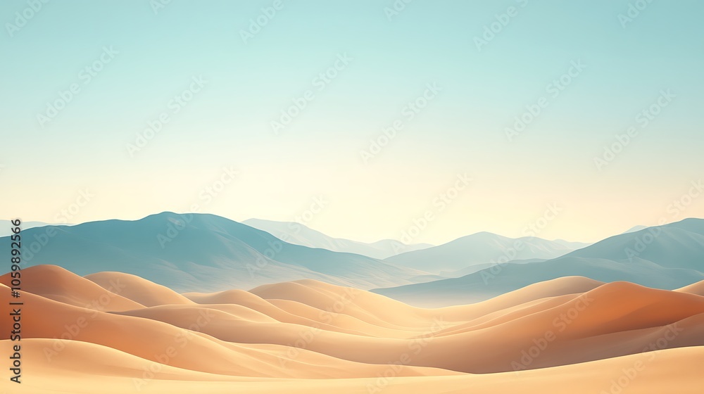Fototapeta premium Serene desert landscape with soft dunes and distant mountains under a clear sky.