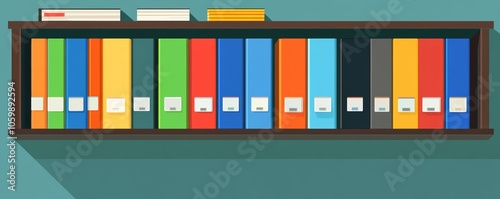 Archive shelves with colorcoded folders, clear copy space on top, flat design illustration photo