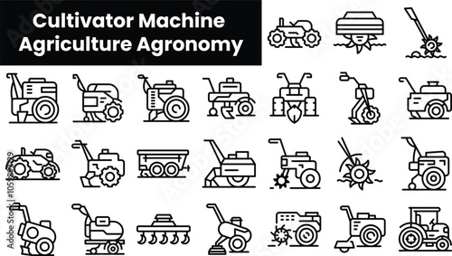 Set of outline cultivator machine agriculture agronomy icons