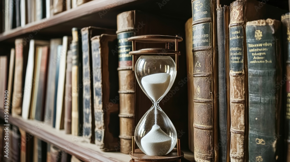 Fototapeta premium An hourglass resting on a bookshelf surrounded by old books symbolizing timeless moments and enduring wisdom