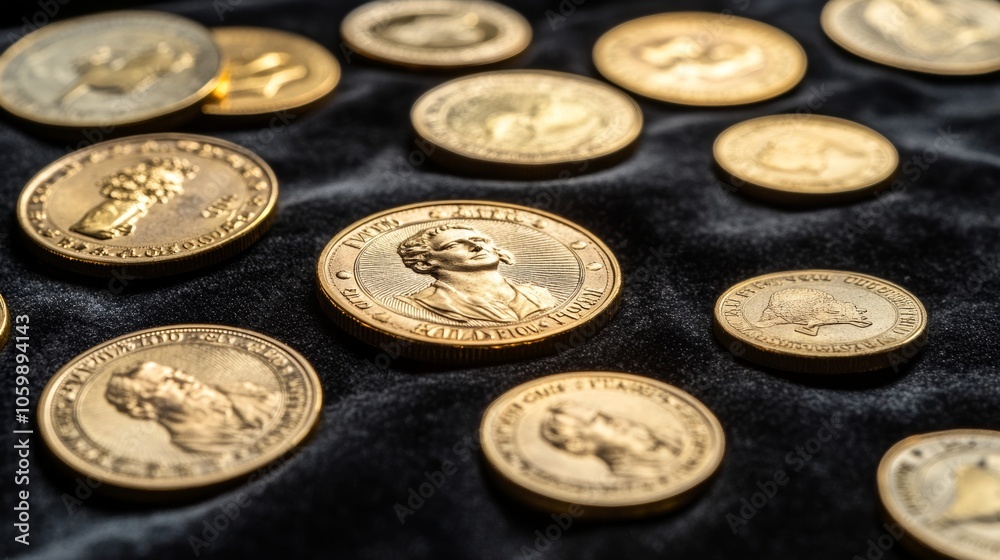 A collection of gold coins arranged on a black velvet surface symbolizing opulence and wealth A collection of gold coins arranged on a black velvet surface symbolizing opulence and wealth