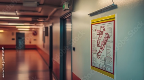 A fire escape plan diagram hanging on a wall with a visible emergency exit door symbolizing fire safety and awareness photo