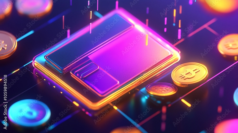 custom made wallpaper toronto digitalluminous e-wallet with raining coins, professional 3d vector graphics, multi-colored reflective surface, metallic gold accents, deep dark background, innovative payment solution depiction