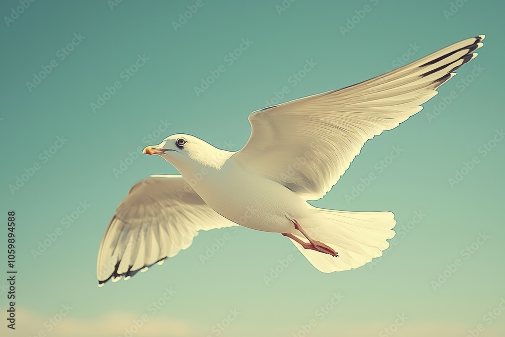 Obraz premium A white seagull with black wingtips soaring through the sky