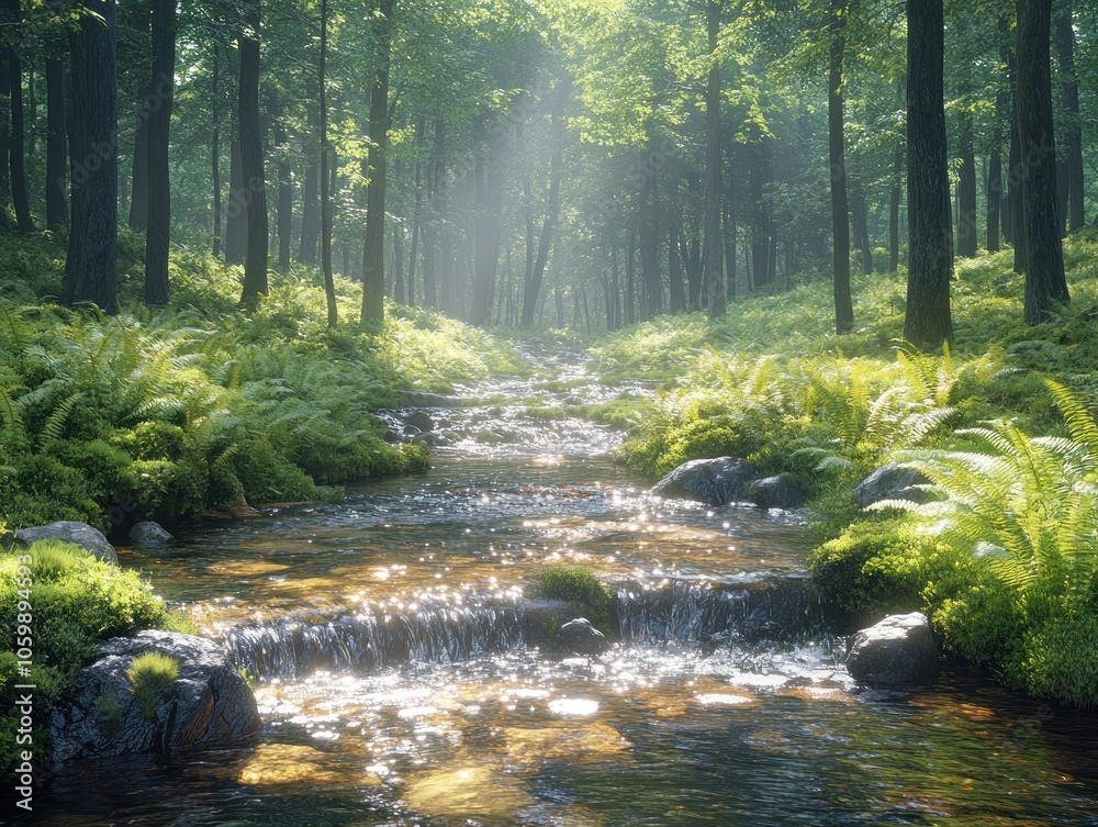 Fototapeta premium Sunlit Stream Flowing Through a Lush, Green Forest