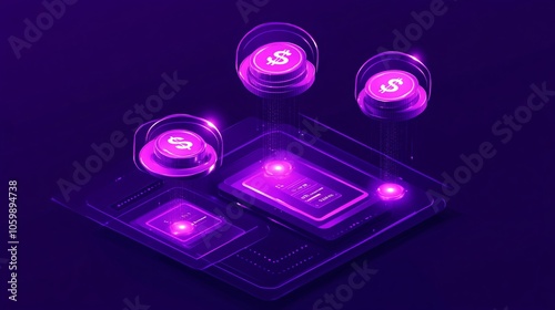 Wallpaper Mural isometric view of mobile payment systems, gleaming currency symbols descending into handheld screens, abstract depiction of online transactions, rich purple color scheme, sleek tech aesthetic Torontodigital.ca