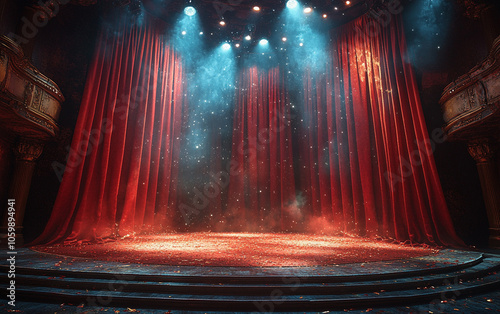Theater stage with red curtains and spotlights. Theatrical scene in the light background