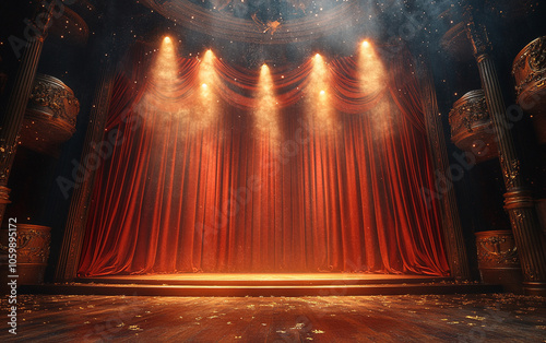 Theater stage with red curtains and spotlights. Theatrical scene in the light background
