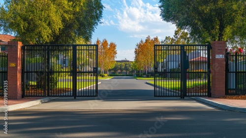 A secure gated entrance to a quiet residential community with visible security measures symbolizing safe neighborhoods and protection