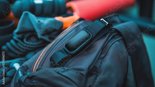 Fitness tracker placed on a gym bag with workout gear symbolizing fitness products and active lifestyle promotion photo