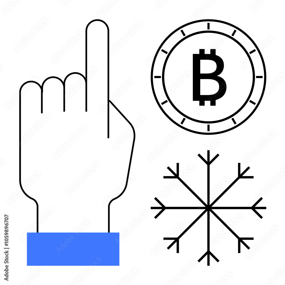 Obraz premium Finger pointing up, bitcoin symbol within a circle, and a snowflake. Ideal for cryptocurrency, technology trends, winter themes, financial markets, digital innovations, blockchain, futuristic