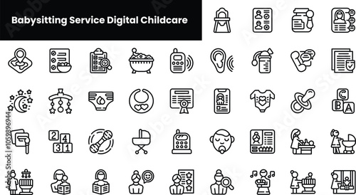 Set of outline babysitting service digital childcare icons