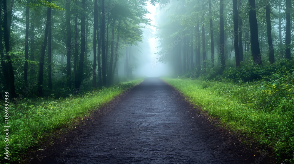 Fototapeta premium Empty path leading into a misty forest representing the journey of mental health recovery and seeking help