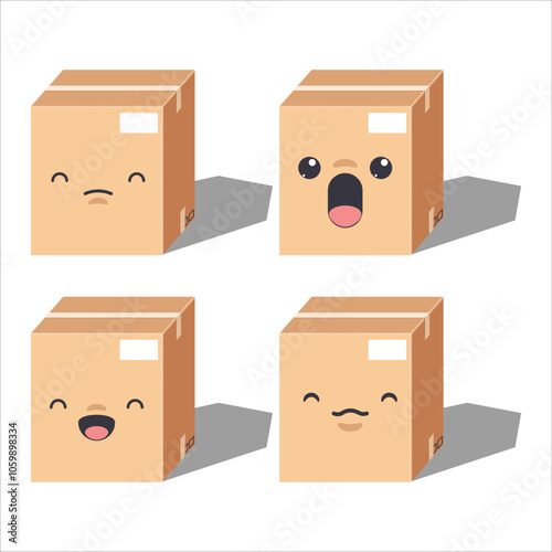 Cute cartoon Four cardboard boxes with different facial expressions.