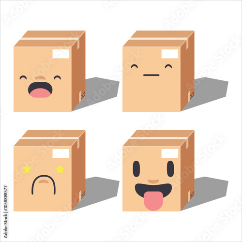 Cute cartoon Four cardboard boxes with different facial expressions.