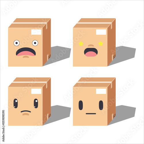 Cute cartoon Four cardboard boxes with different facial expressions.