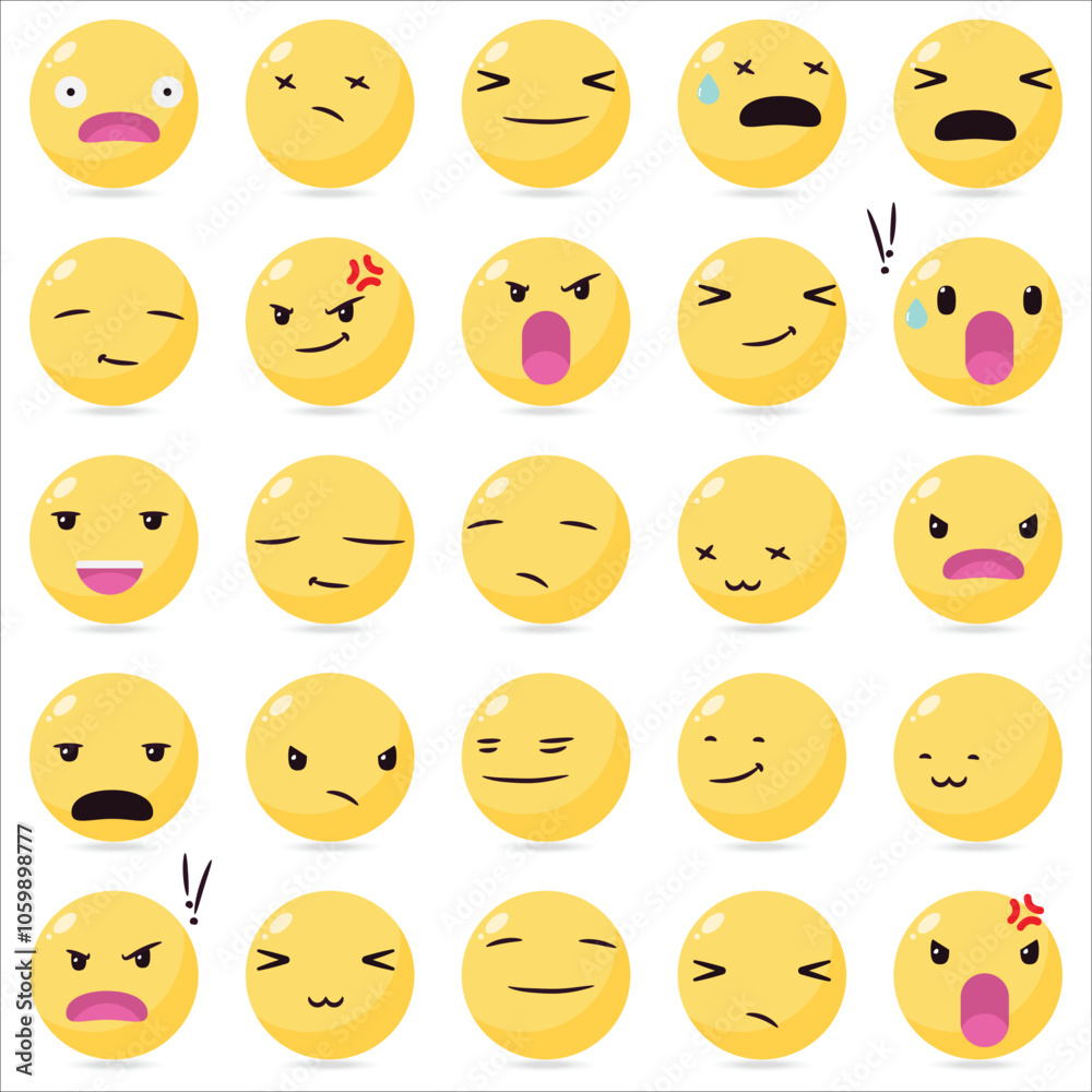 Fototapeta premium A collection of yellow emoticons, including angry, sad, and happy faces. Scene is cheerful and lighthearted
